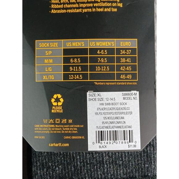 Carhartt Socks 2-PACK Wool Blend Mens XL (12-14.5) Black Boots Synthetic NWT - Picture 3 of 3